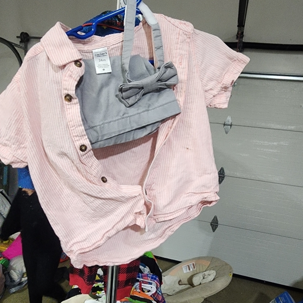 Pink Striped Kids Shirt with Grey Bowtie
